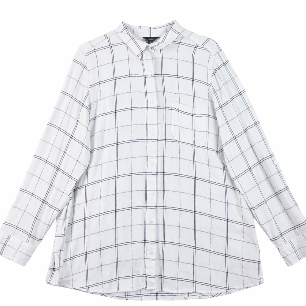 Intro Women's XL Button-Up Blouse White Grid Plaid Rayon Lightweight Relaxed Fit